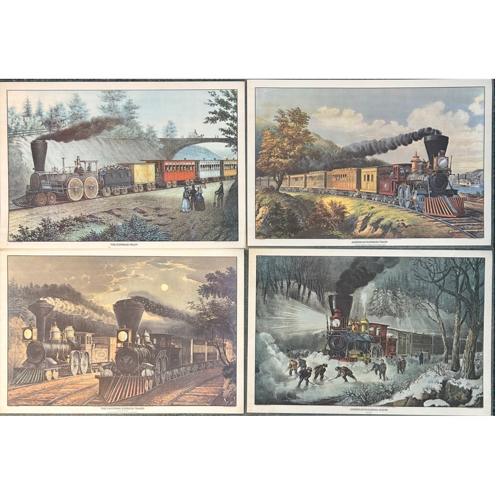 Currier & Ives Vintage American Railroad Placemats Set of 4 Double Sided